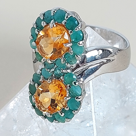 Natural Oval Citrine 8x6mm & Emerald Gemstone 925 Sterling Silver Ring 7.5 - Picture 5 of 7